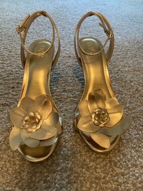 INC International Concepts Gold Floral Ankle-Strap Heels